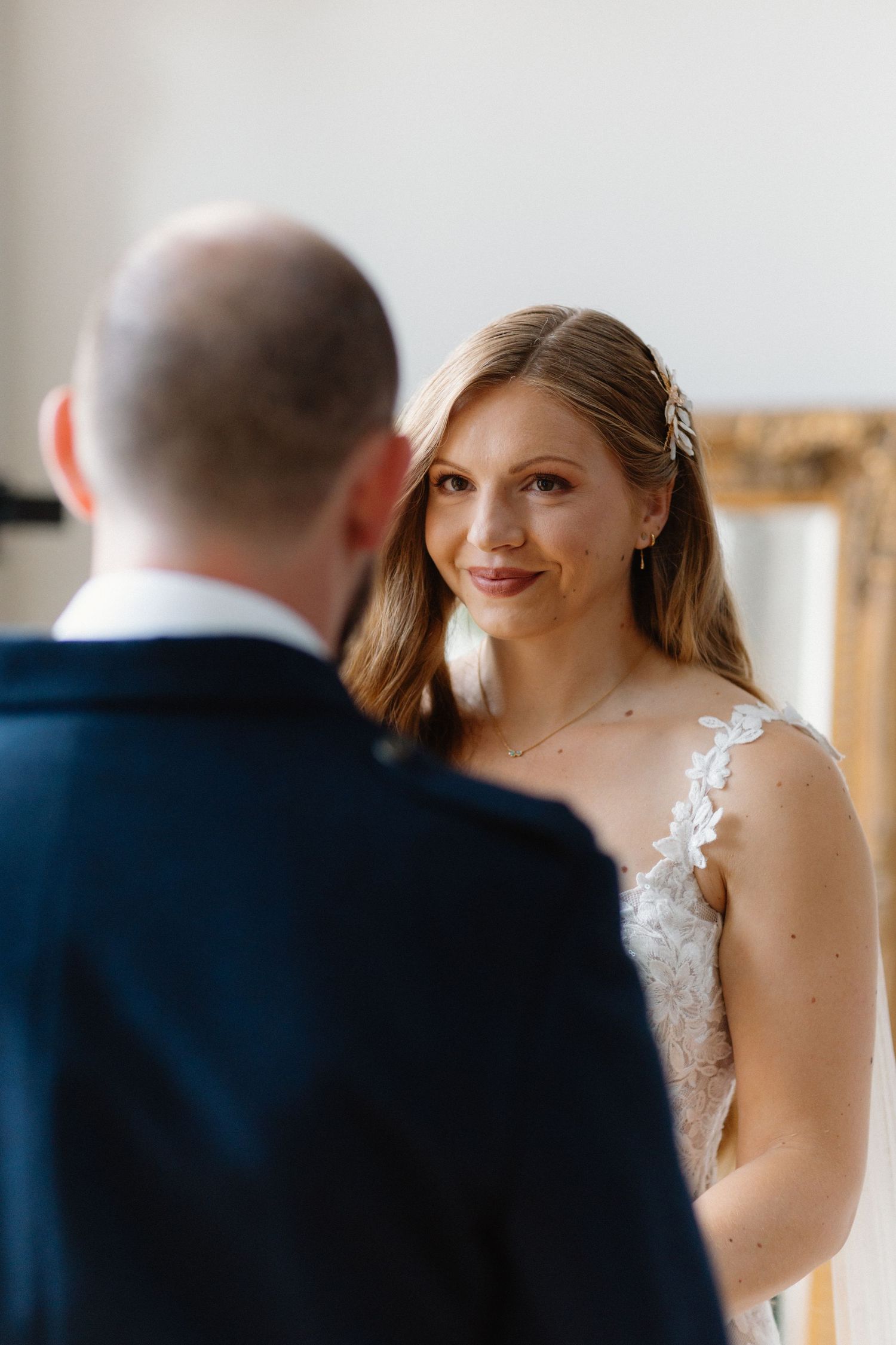 Ceremony bride looking at groom, Netherbyres House
Wedding venue in Eyemouth, Scotland