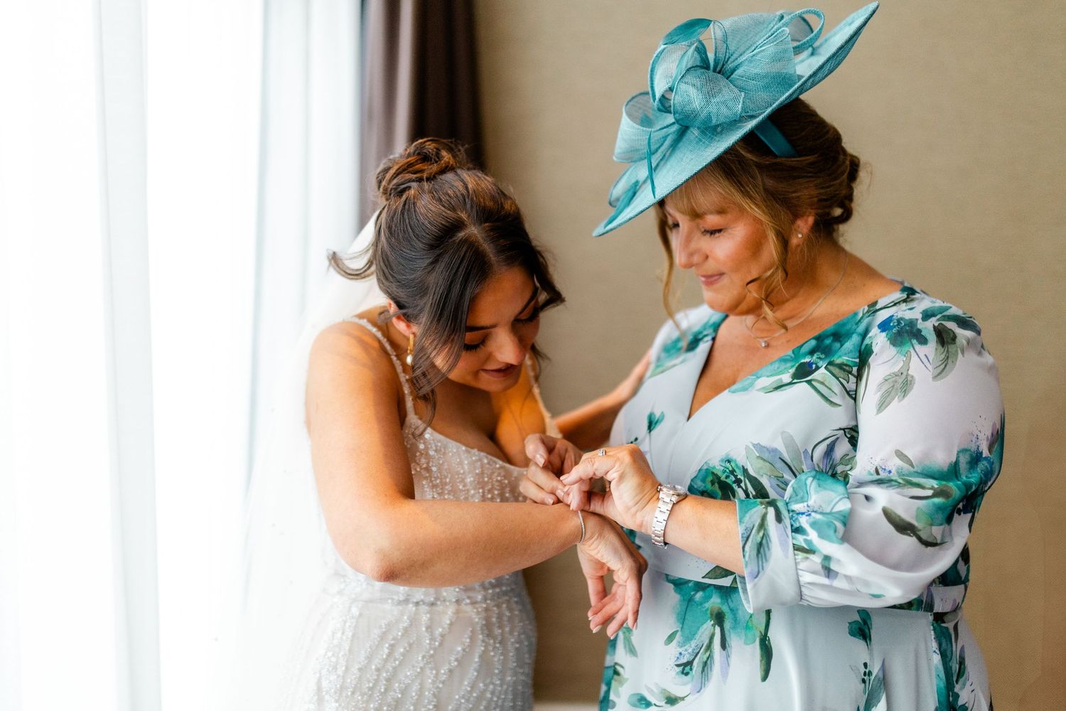 Bride with Mum, final details Glass House Edinburgh, Scotland,