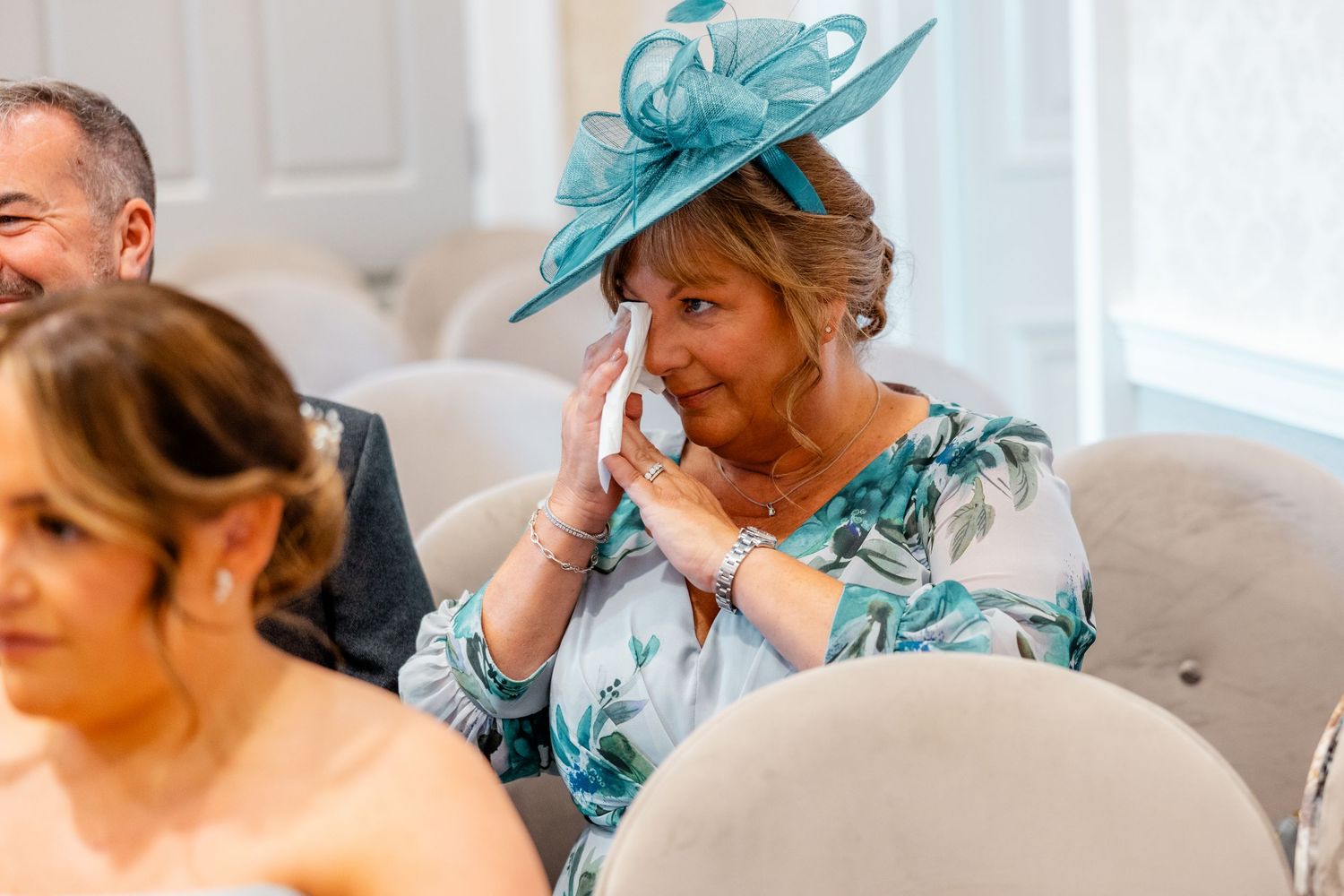 Mother of a bride crying from happiness, City Chambers wedding in Edinburgh, Scotland,