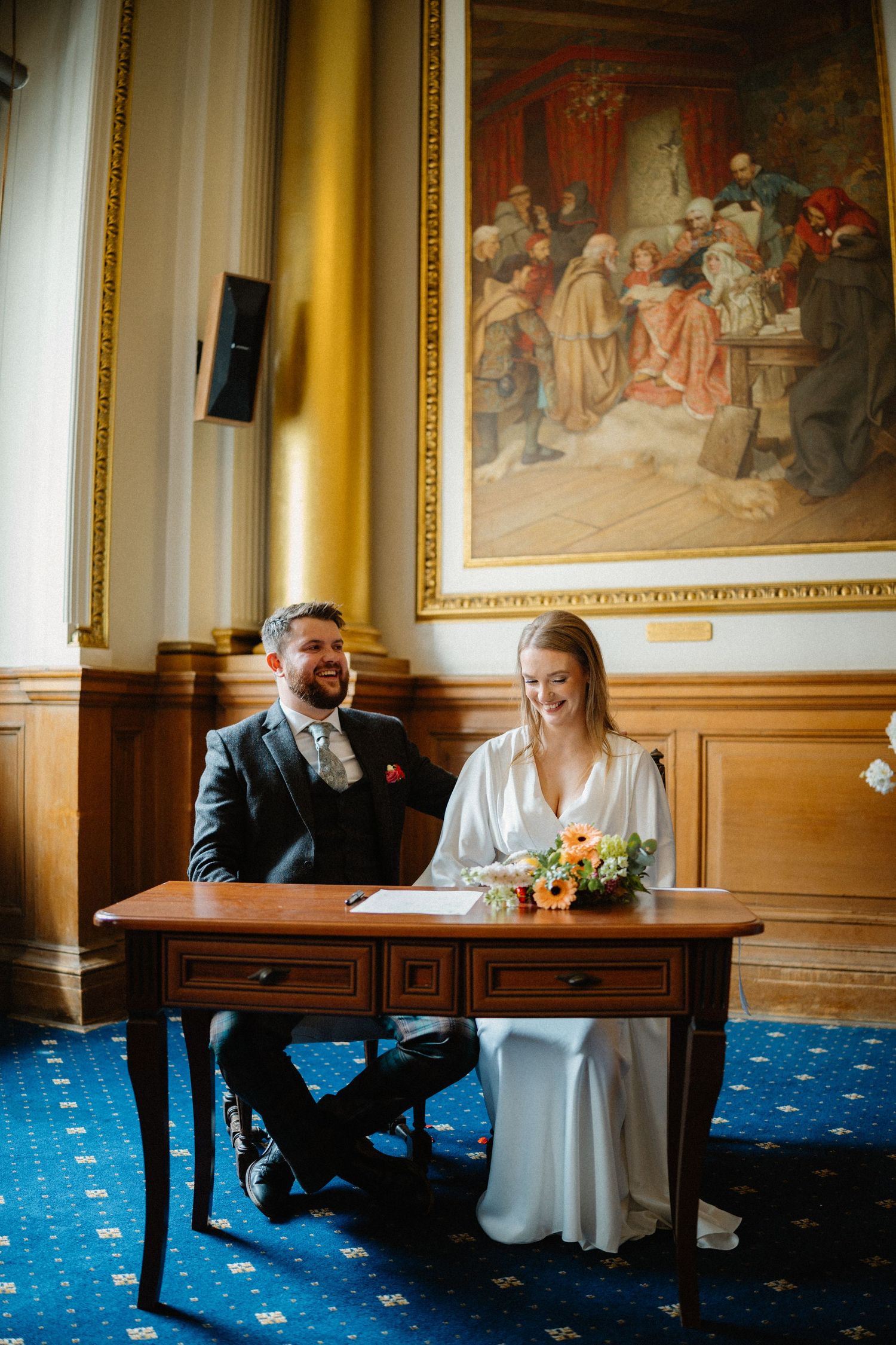 Bride and groom Wedding in European Suite in City Chambers in Edinburgh Scotland