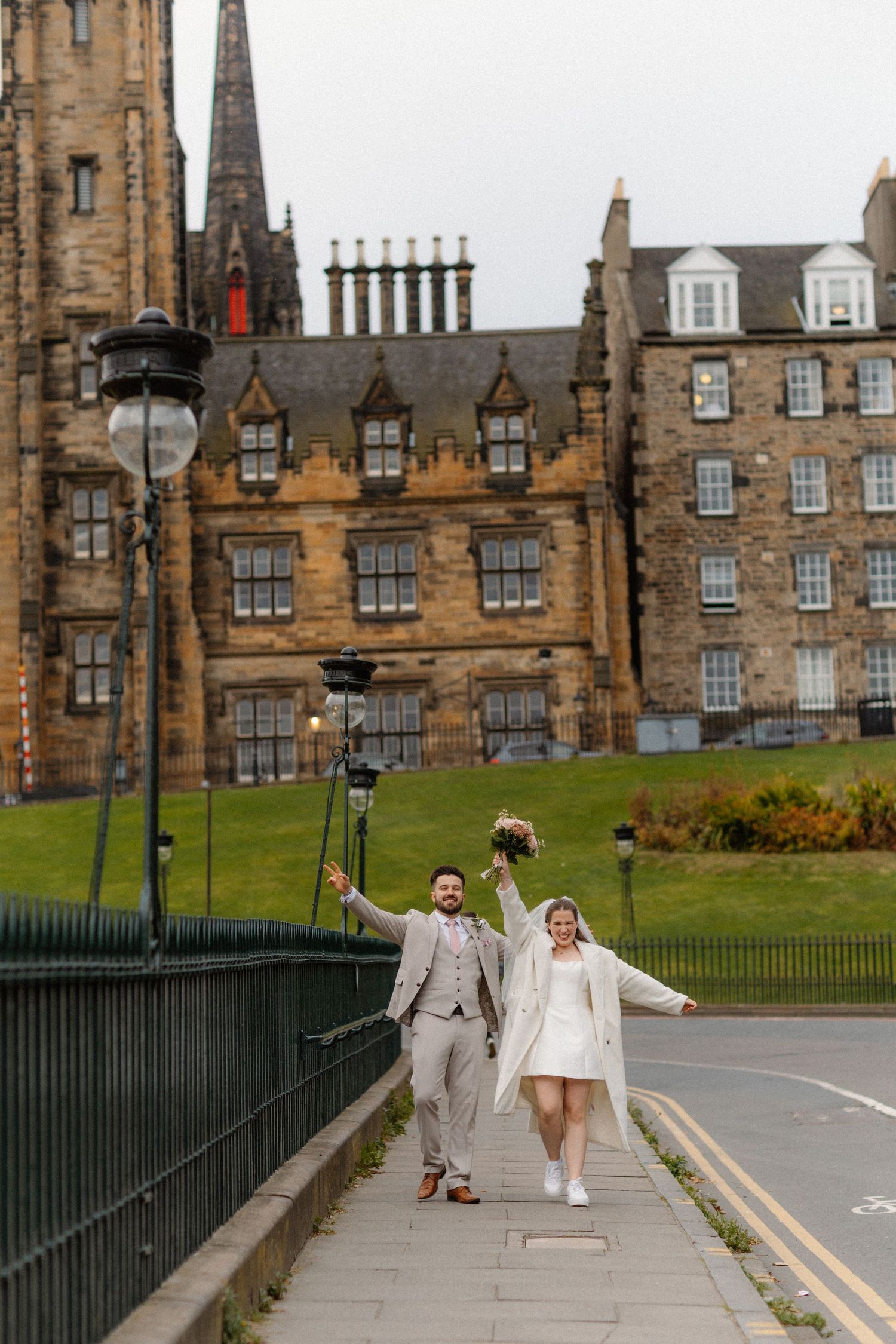 Edinburgh bride and groom walking, city vibe