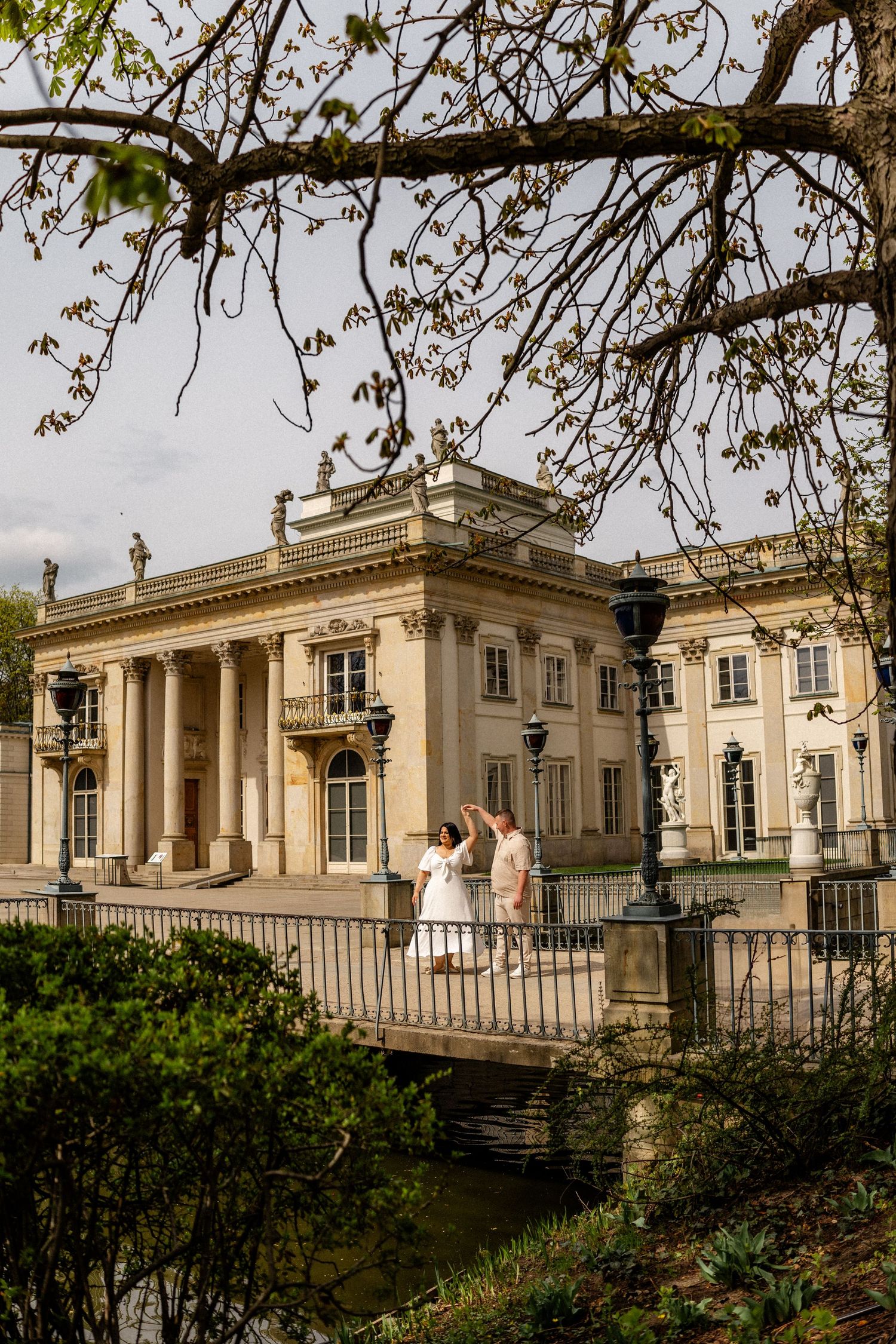 A grand neoclassical building with columns and steps photographed in spring.