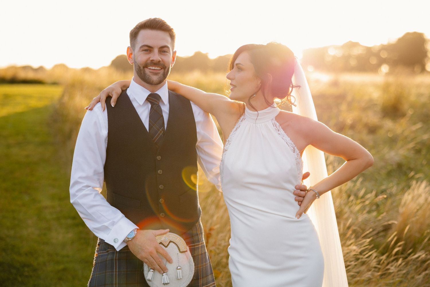 Golden Hour bride and groom at Rosebery Steading, Temple, Gorebridge, Scotland.