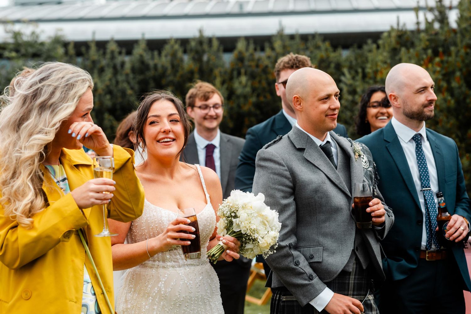 bride smilimg, Speeches, outdoor wedding, Glass House Edinburgh City Scotland,