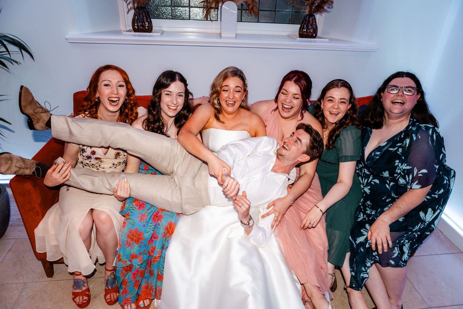 Wedding Party, group photo, funny,  Virgin hotel in Edinburgh City Scotland