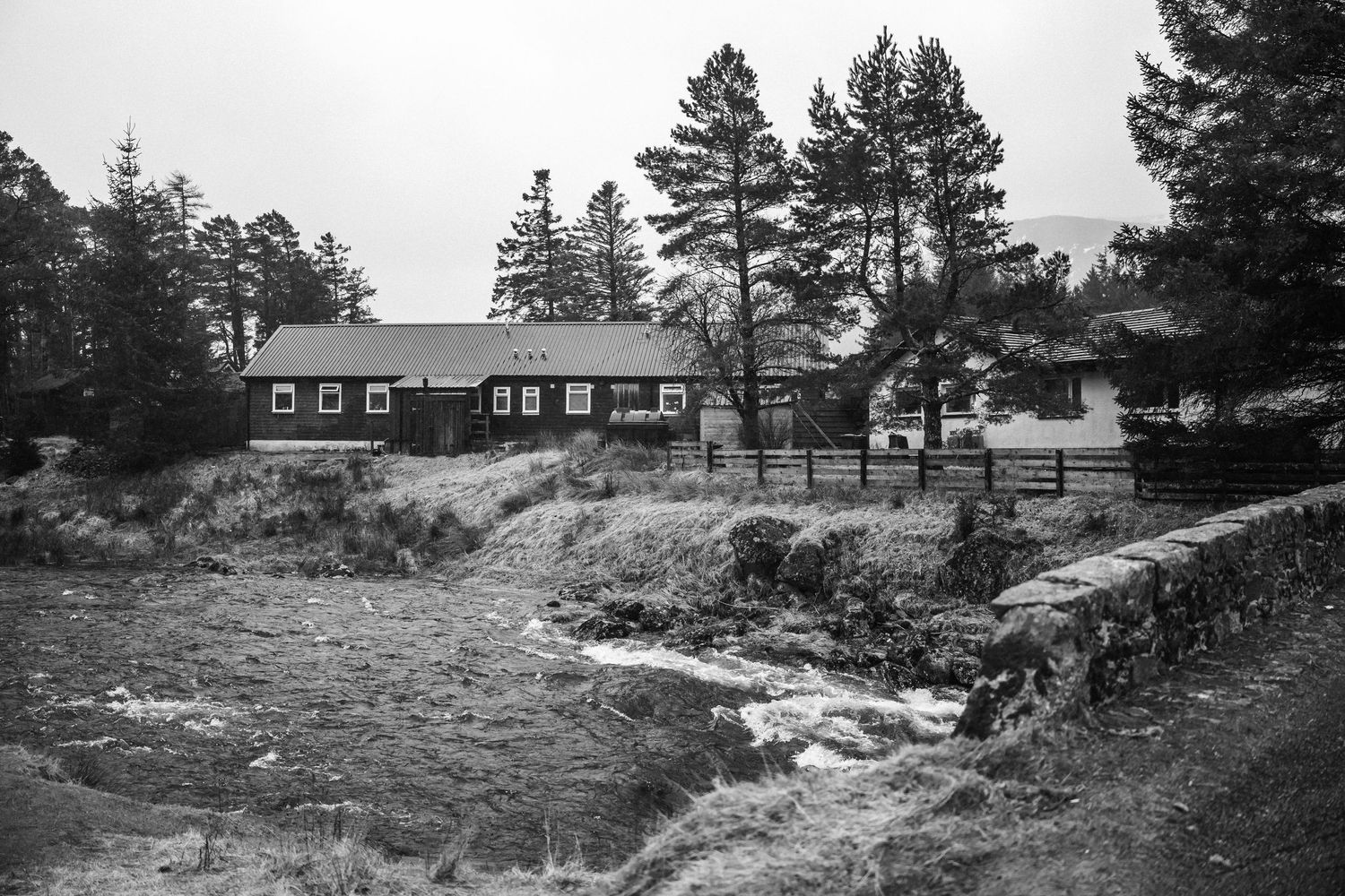 Pine trees and rustic houses dot the Scottish Highland landscape under overcast skies.