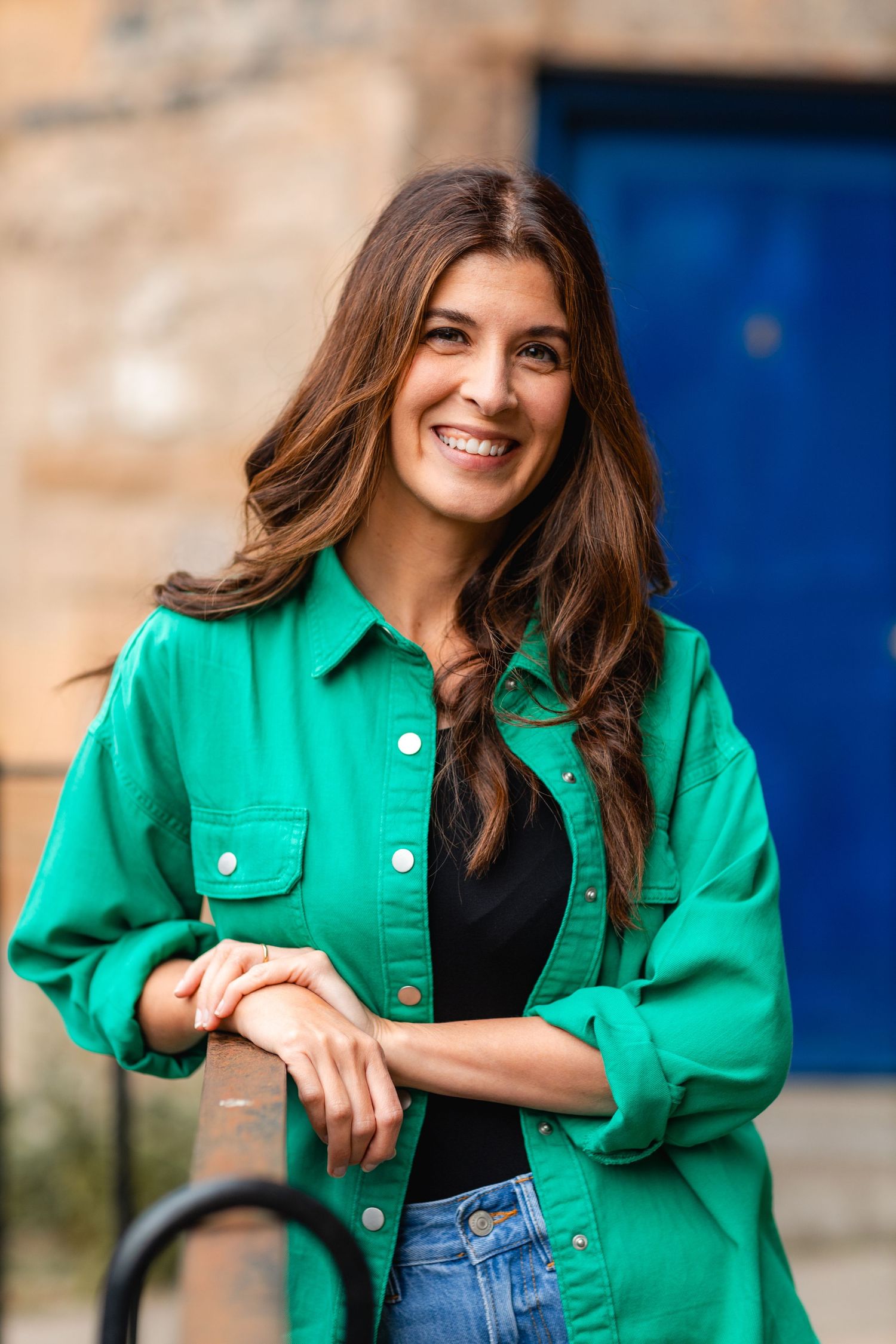 Casual fashion shots featuring bright green button-up shirt paired with denim.