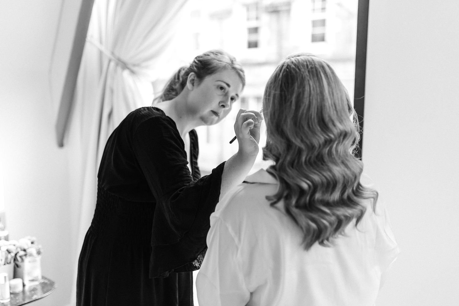 Wedding bride getting ready portrait, lipstick on Virgin hotel in Edinburgh City Scotland