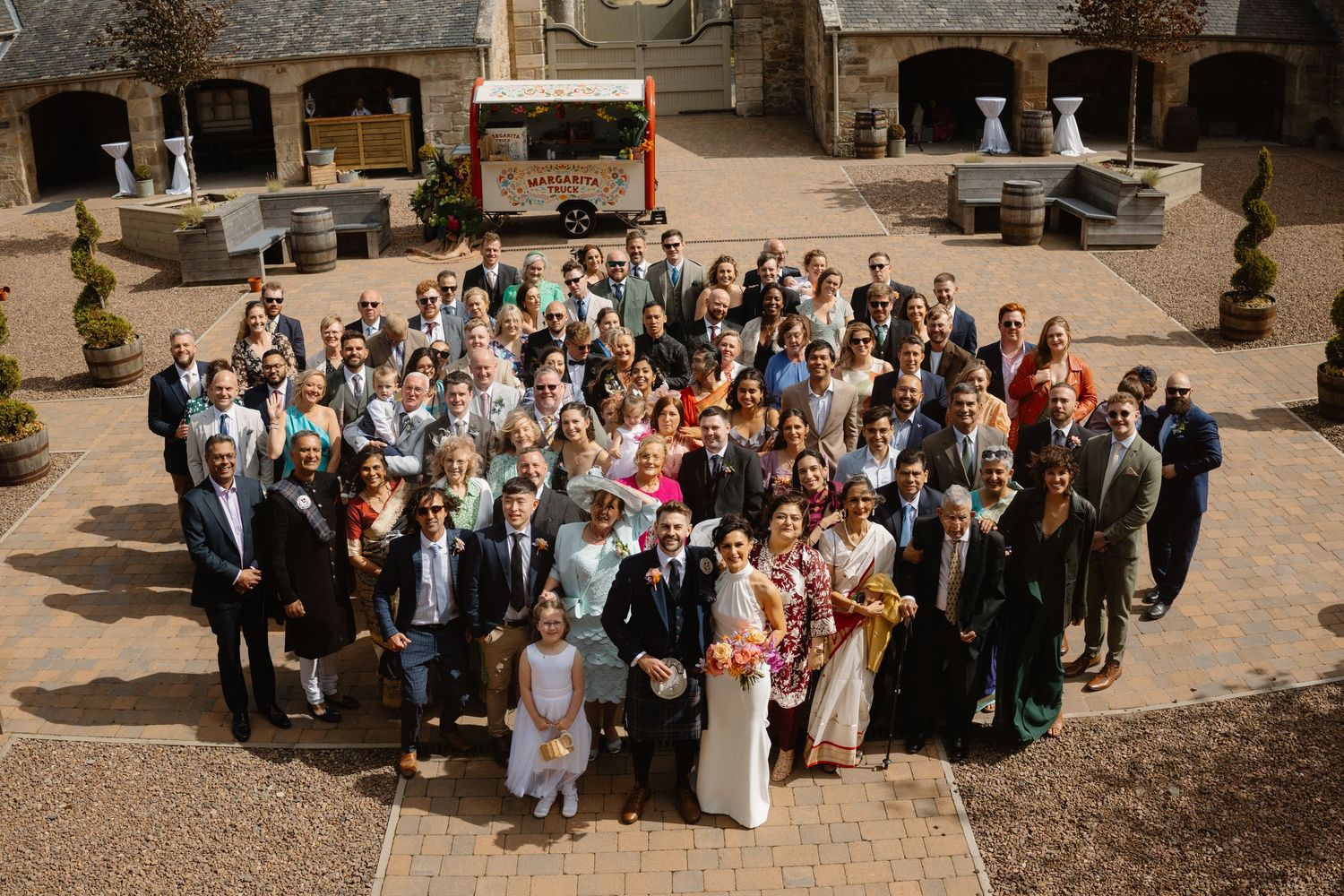Wedding group photo, at Rosebery Steading, Temple, Gorebridge, Scotland.
