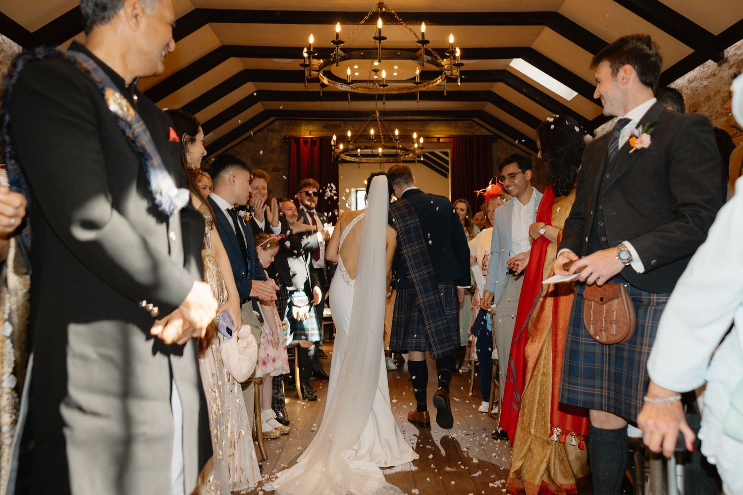 Wedding ceremony, exit, second shooter shoot at Rosebery Steading, Temple, Gorebridge, Scotland.