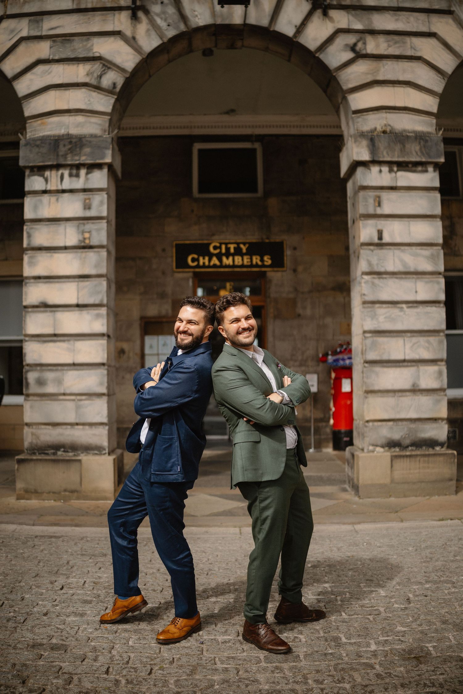 outside the Edinburgh City Chambers 
Groom with his twin.
Edinburgh City Wedding photo