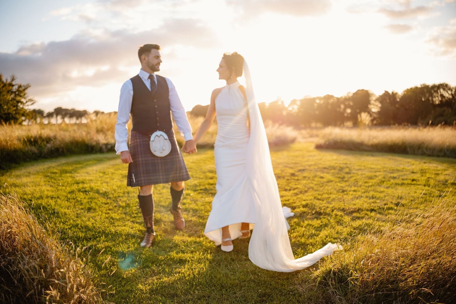 Golden Hour bride and groom photoshoot at Rosebery Steading, Temple, Gorebridge, Scotland.