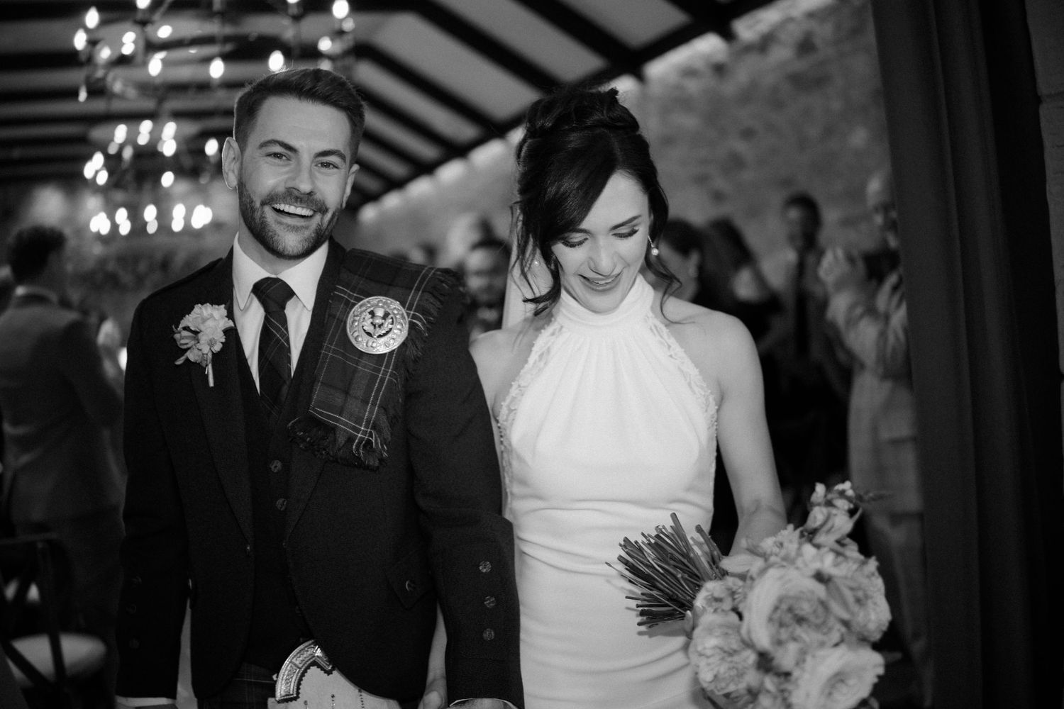 Wedding ceremony, exit, at Rosebery Steading, Temple, Gorebridge, Scotland.
