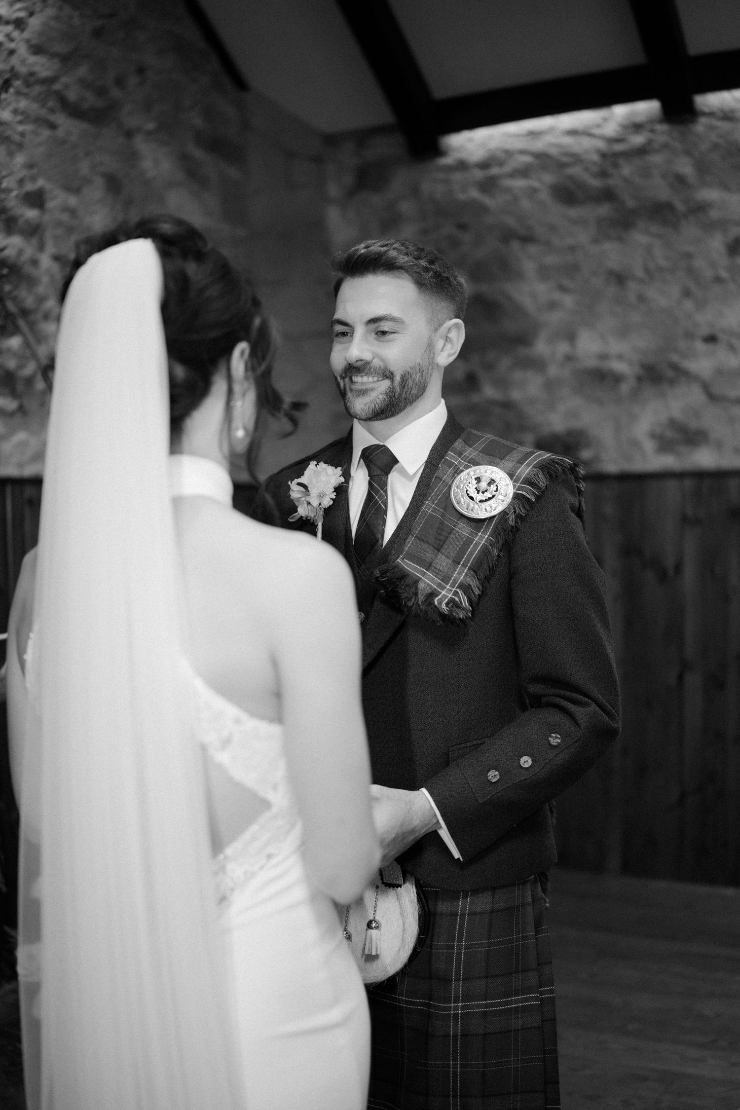 Wedding ceremony, black and white, at Rosebery Steading, Temple, Gorebridge, Scotland.