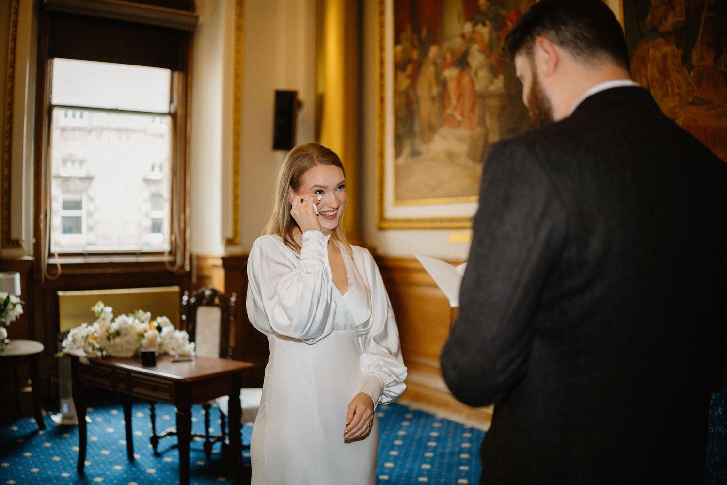 Wedding, happy tears, European Suite City Chambers Edinburgh