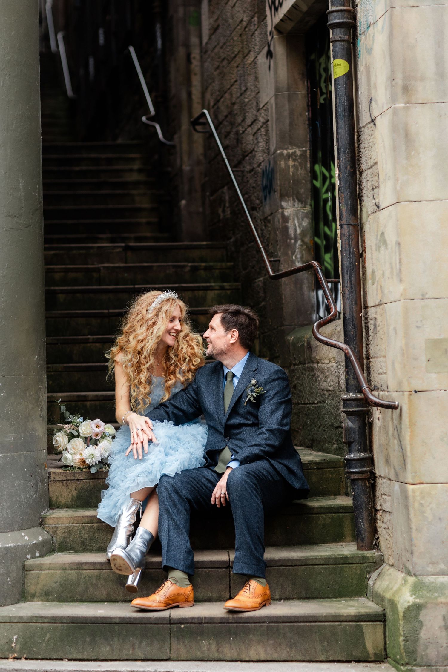 Untraditional wedding dress, blue dress. Edinburgh Wedding, City Chambers Wedding in Edinburgh, Scotland