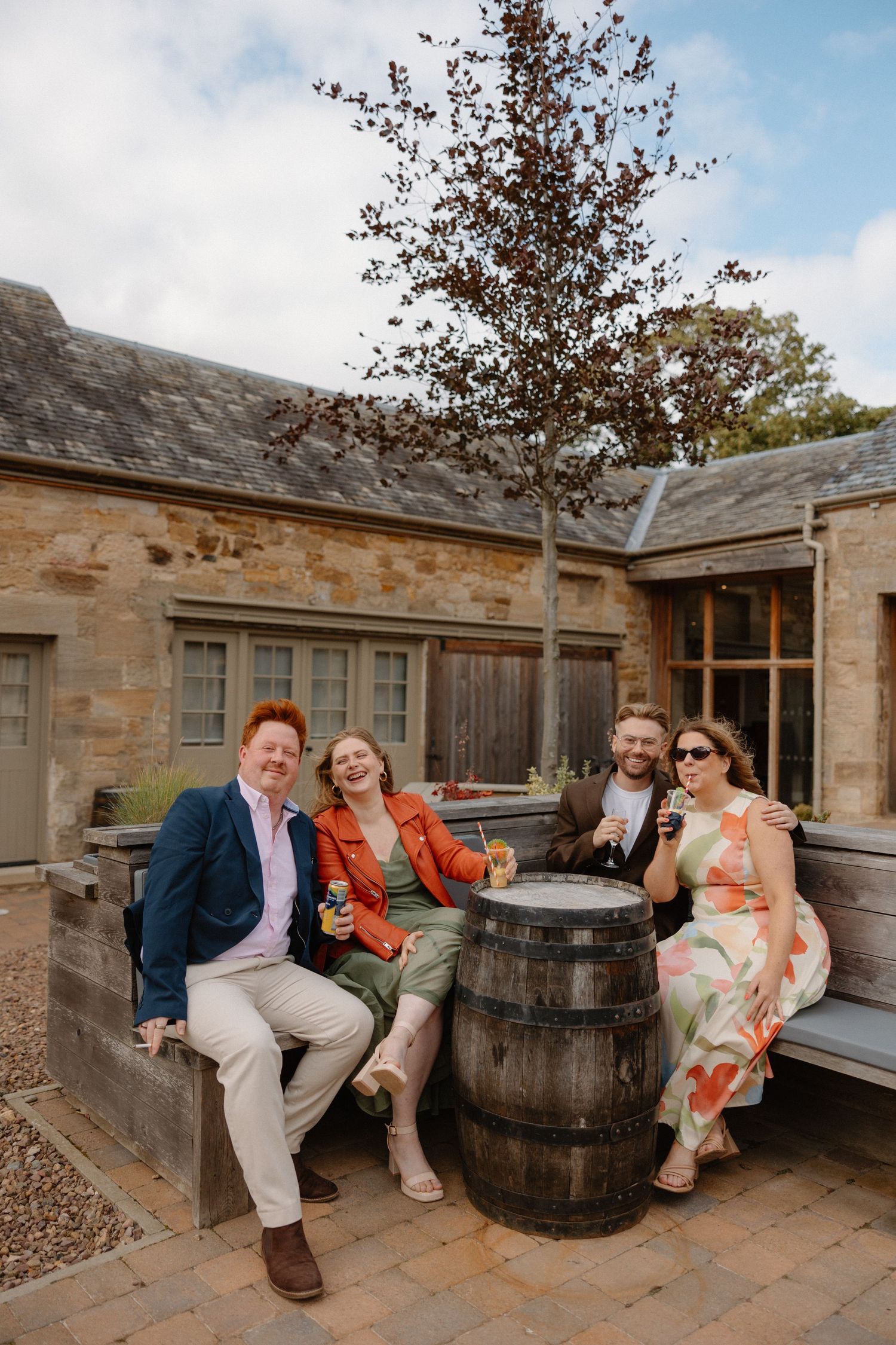 Wedding drinks courtyard at Rosebery Steading, Temple, Gorebridge, Scotland.