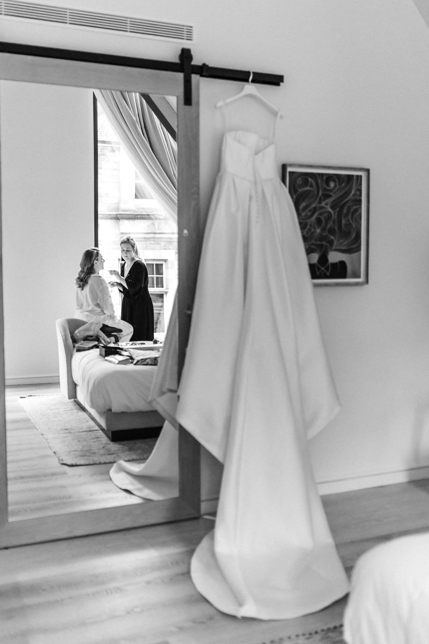 Wedding bride getting ready dress shoot, Virgin hotel in Edinburgh City Scotland