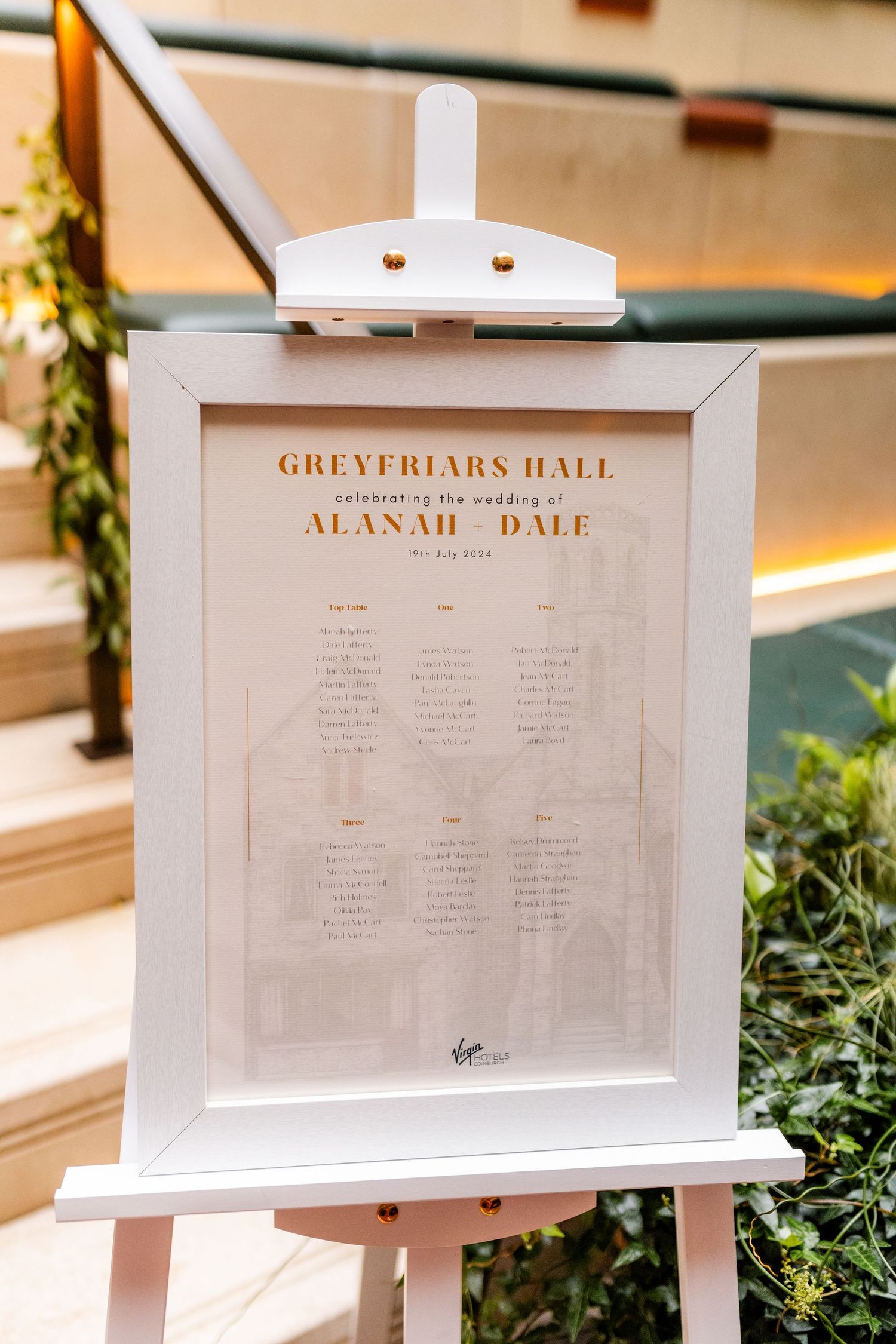 Wedding table plan, Virgin hotel in Edinburgh City Scotland