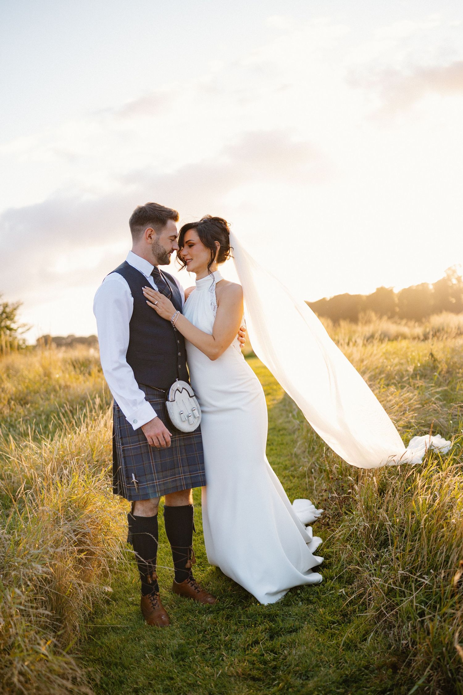 Golden Hour bride and groom photoshoot at Rosebery Steading, Temple, Gorebridge, Scotland.