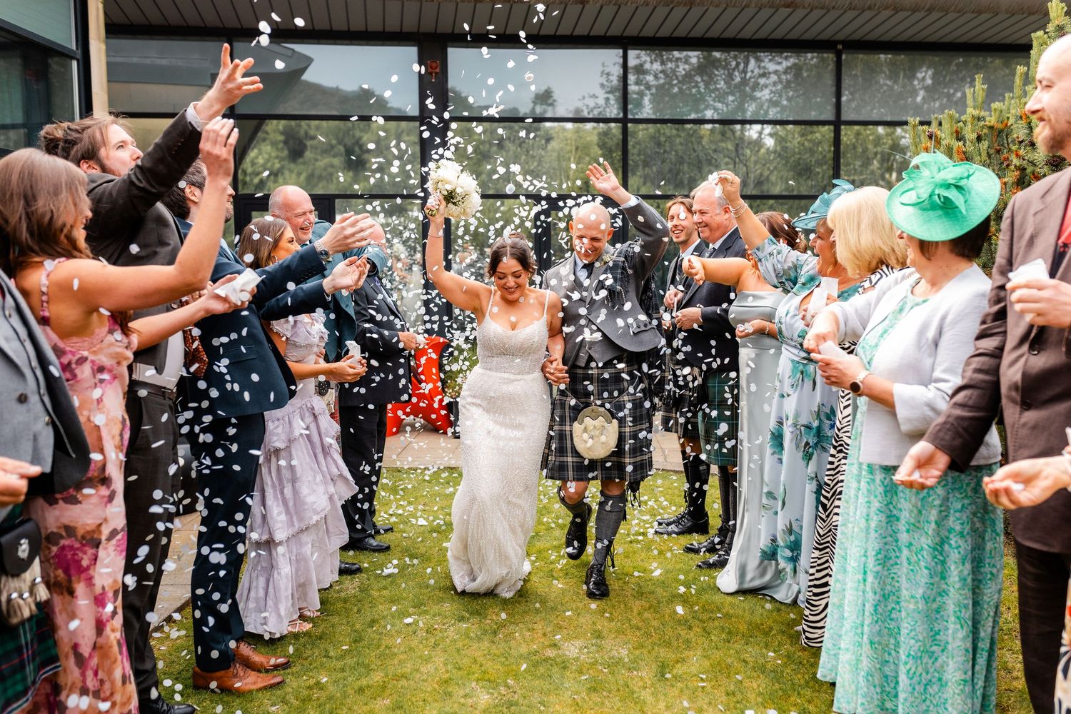 Confetting shoot wedding garden Glass House, Edinburgh, Scotland.