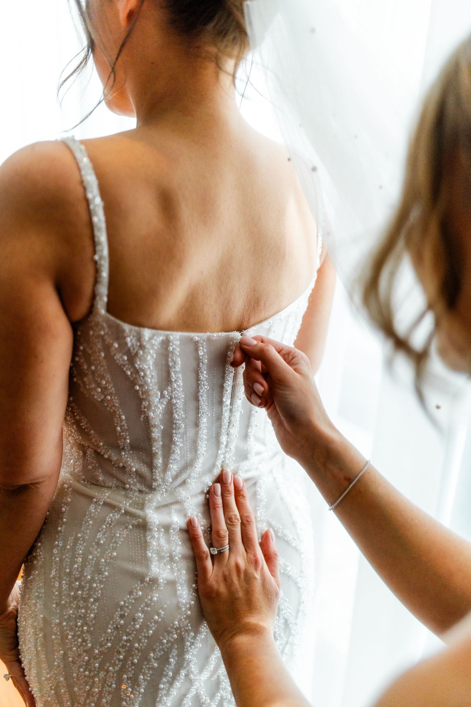 Bride fitting dress, Glass House Edinburgh, Scotland,