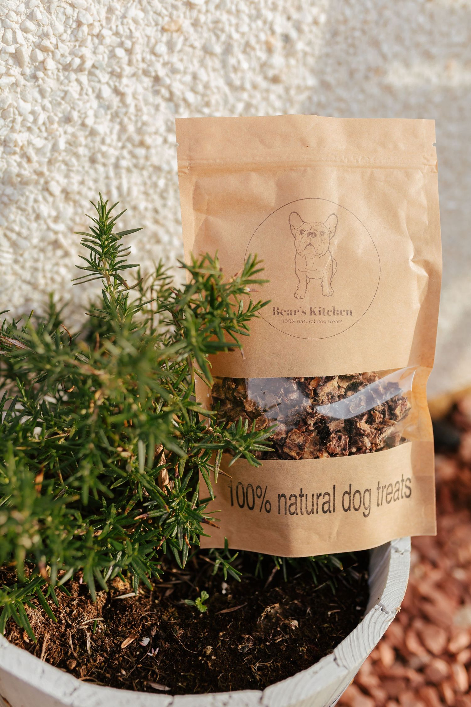 Natural dog treat bags displayed with decorative plants and soil.