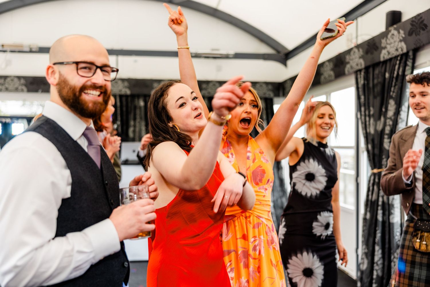Guests signing, dancing wedding, Glass House Edinburgh City Scotland,