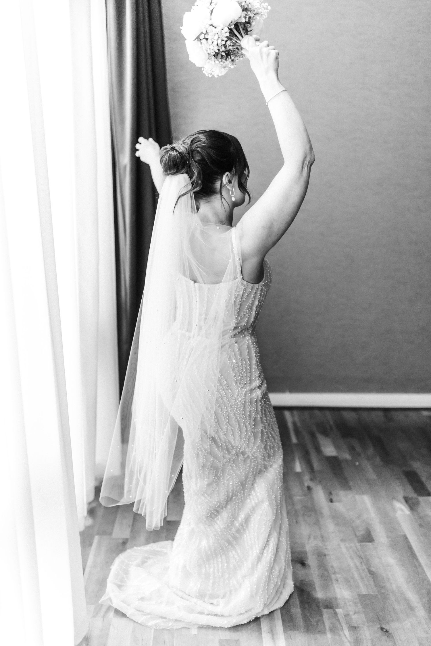 Bride dancing, getting ready, black and white, Glass House Edinburgh, Scotland,