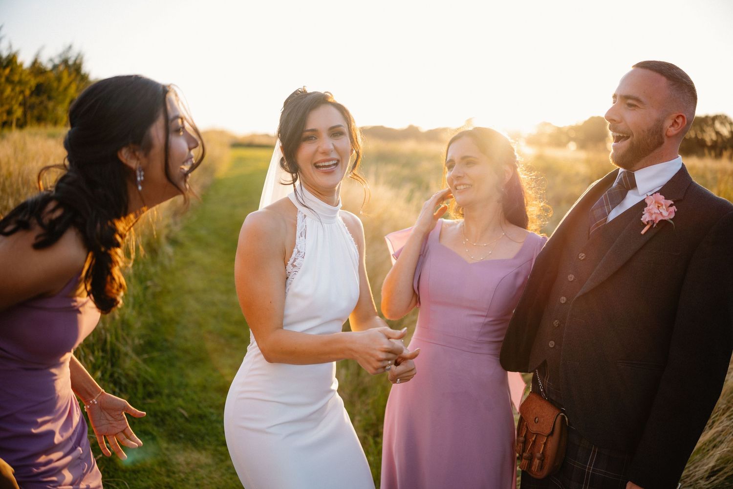 Golden hour, group shoot with bridal party at Rosebery Steading, Temple, Gorebridge, Scotland.