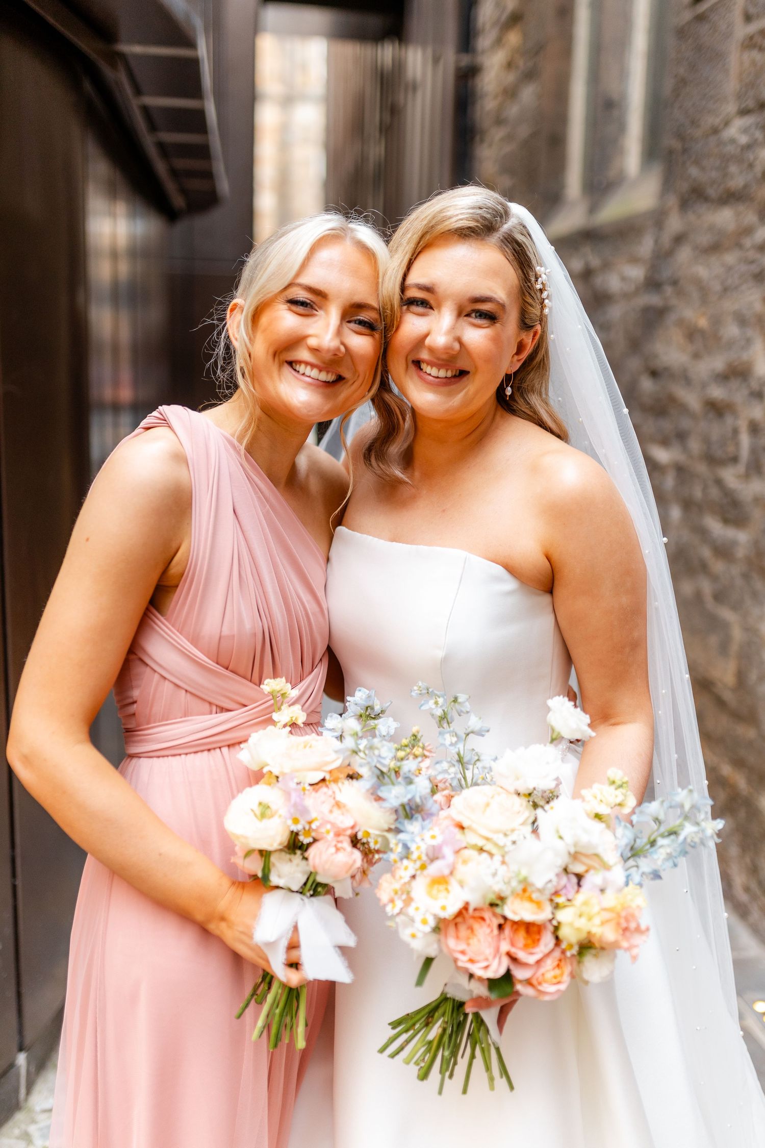 Wedding  group photos, bride and sister, Virgin hotel in Edinburgh City Scotland
