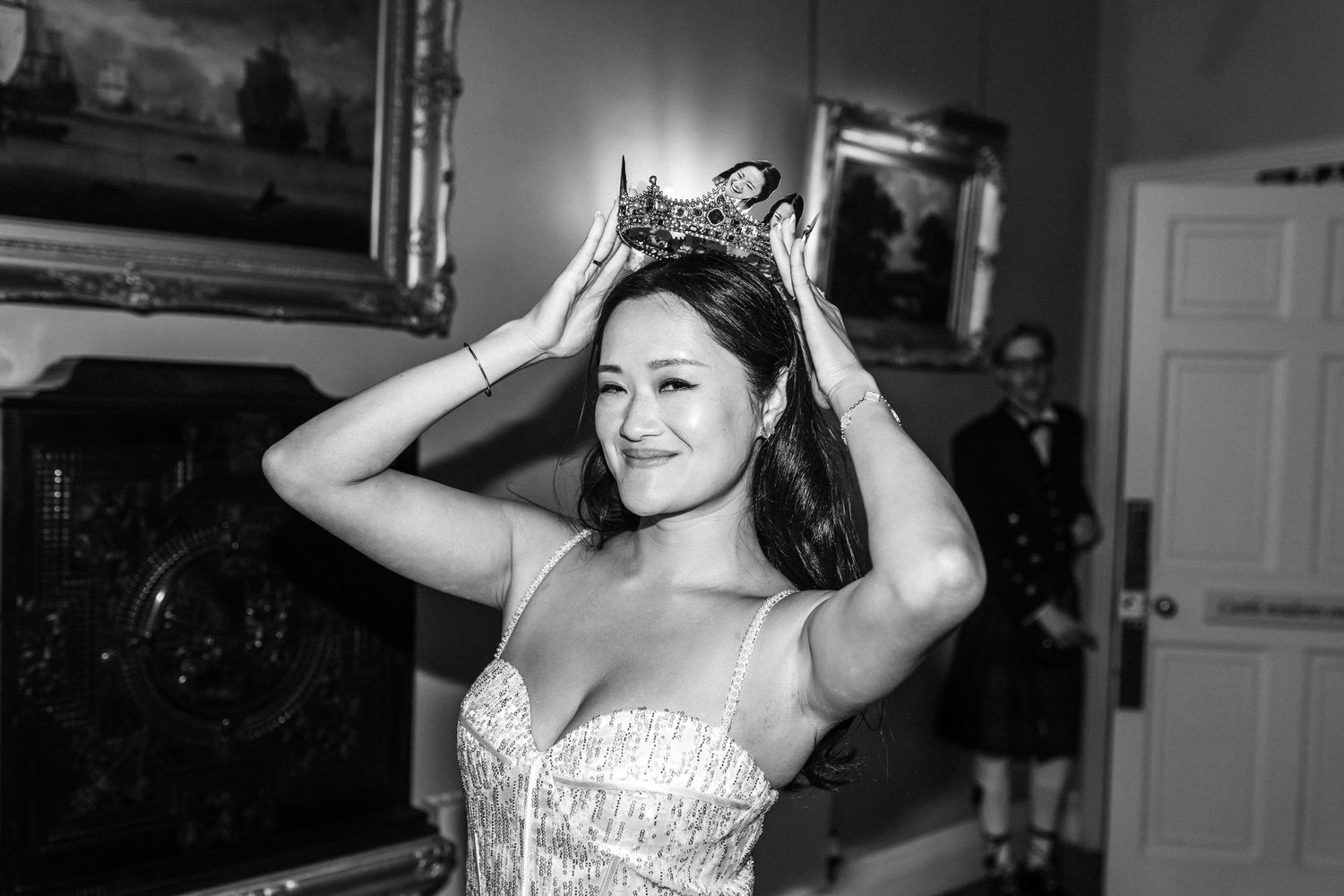 Black and white photos of wedding reception moments in an elegant indoor venue.