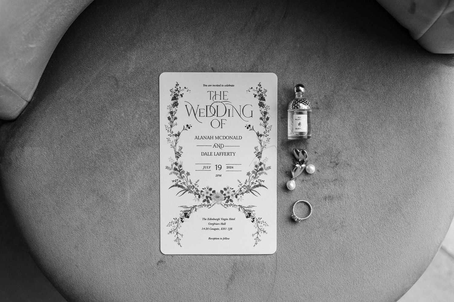 Wedding drinks morning details, invitation, Virgin hotel in Edinburgh City Scotland
