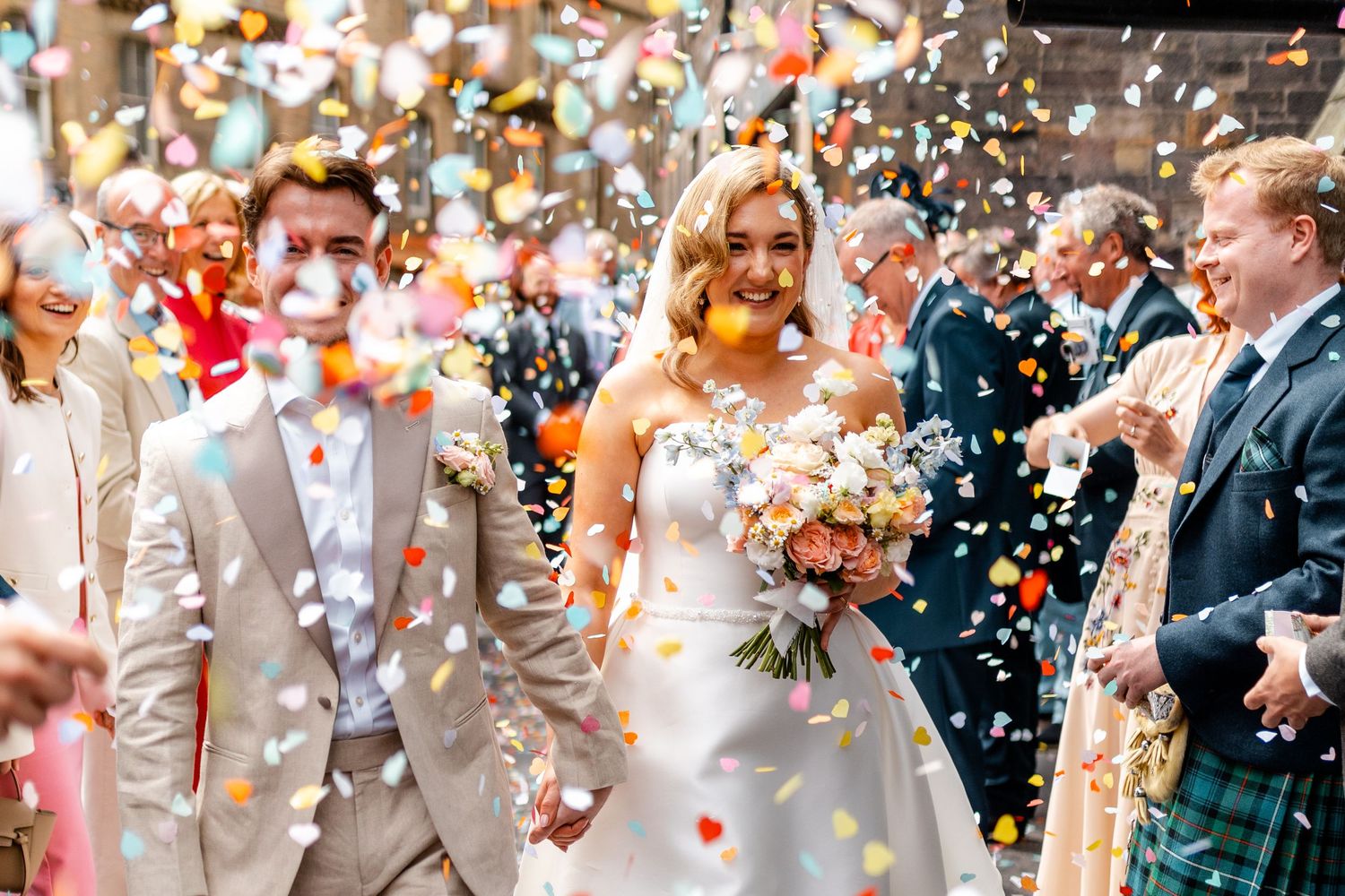 Wedding confetti, colourful, Virgin hotel in Edinburgh City Scotland