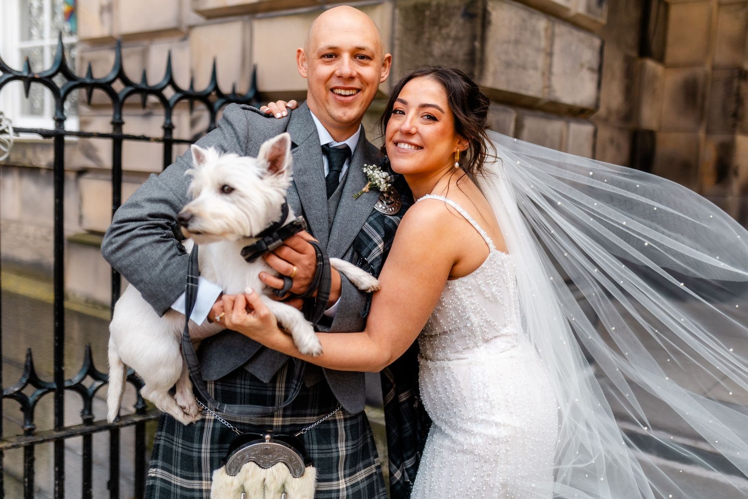Bride and groom with dog, City Chambers wedding in Edinburgh, Scotland,