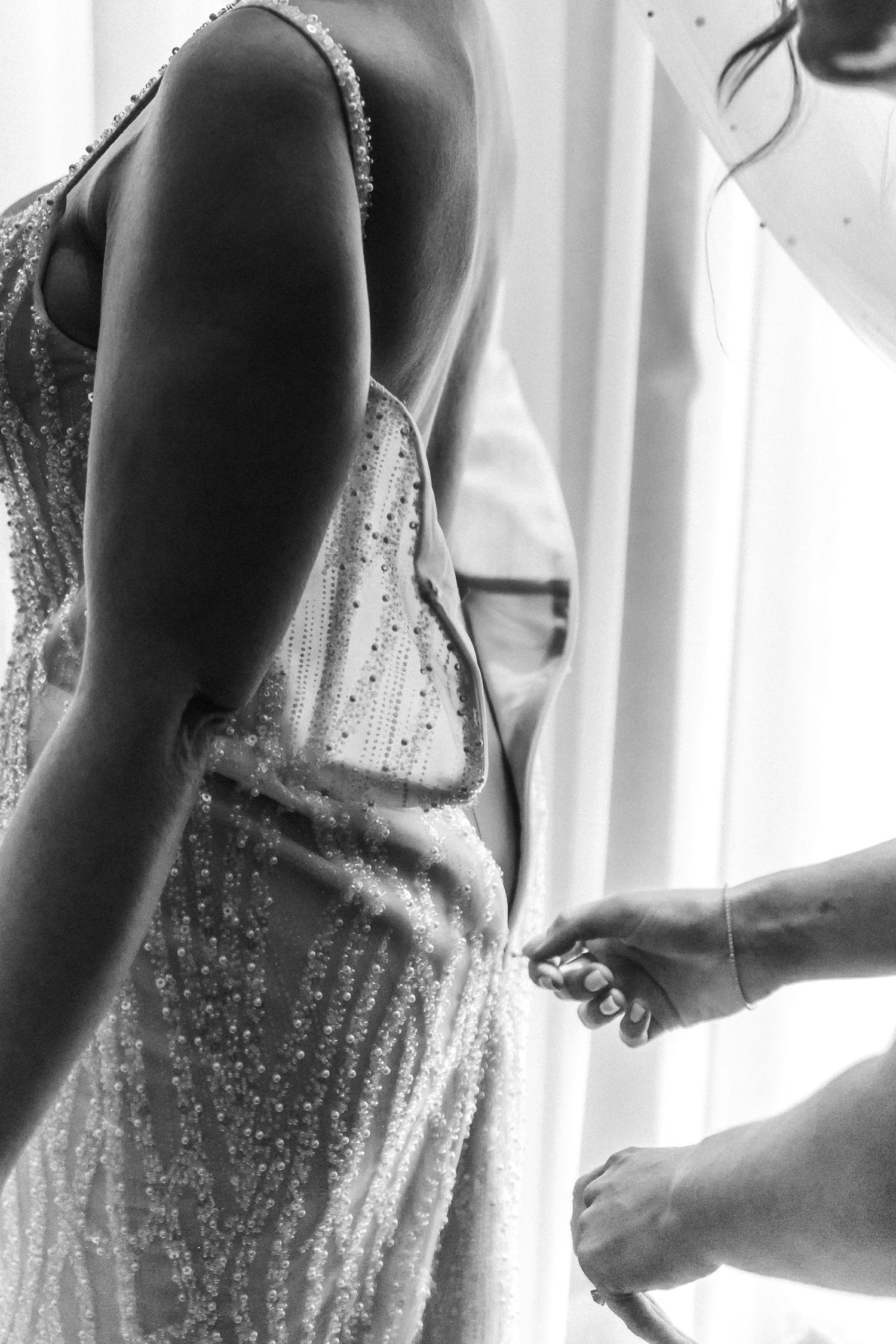 Wedding dress zipping, getting ready, Glass House Edinburgh, Scotland,