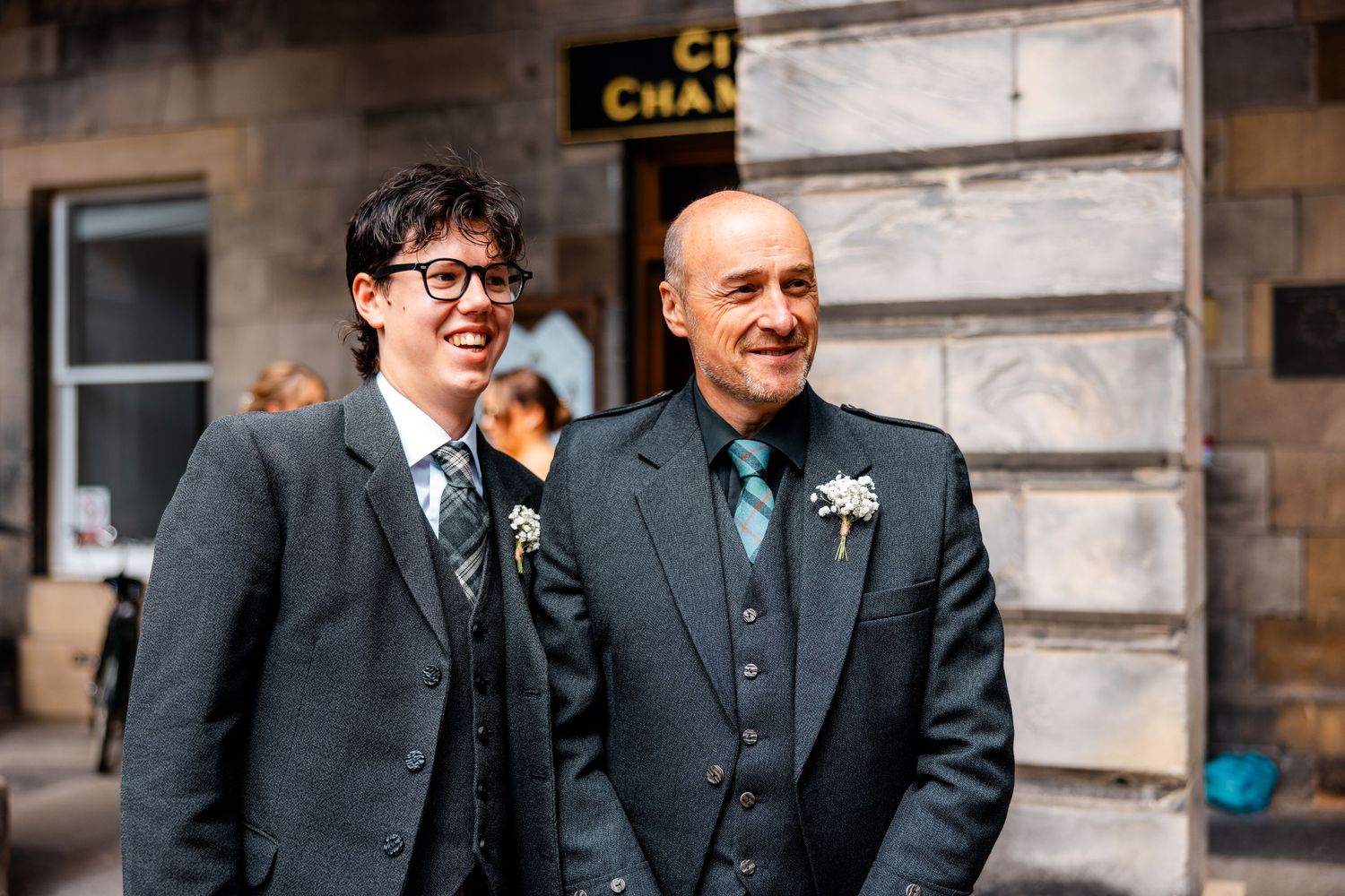 Groom's brothers outside City Chambers wedding in Edinburgh, Scotland,