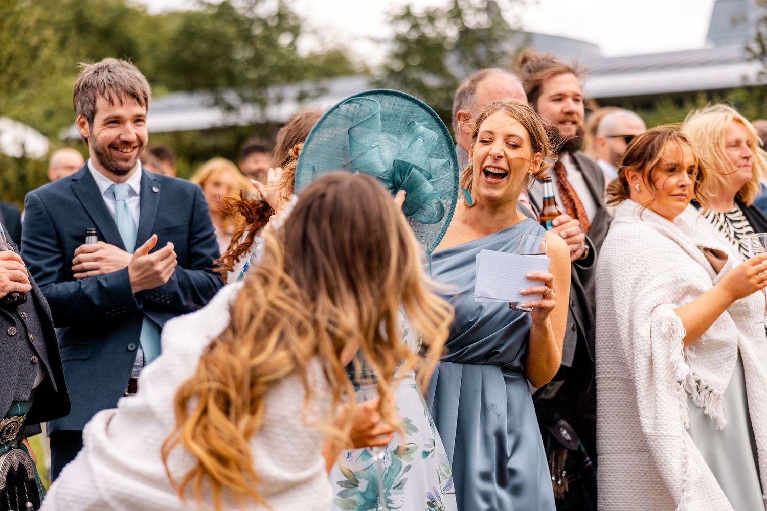 Guests happy, Speeches, outdoor wedding, Glass House Edinburgh City Scotland,