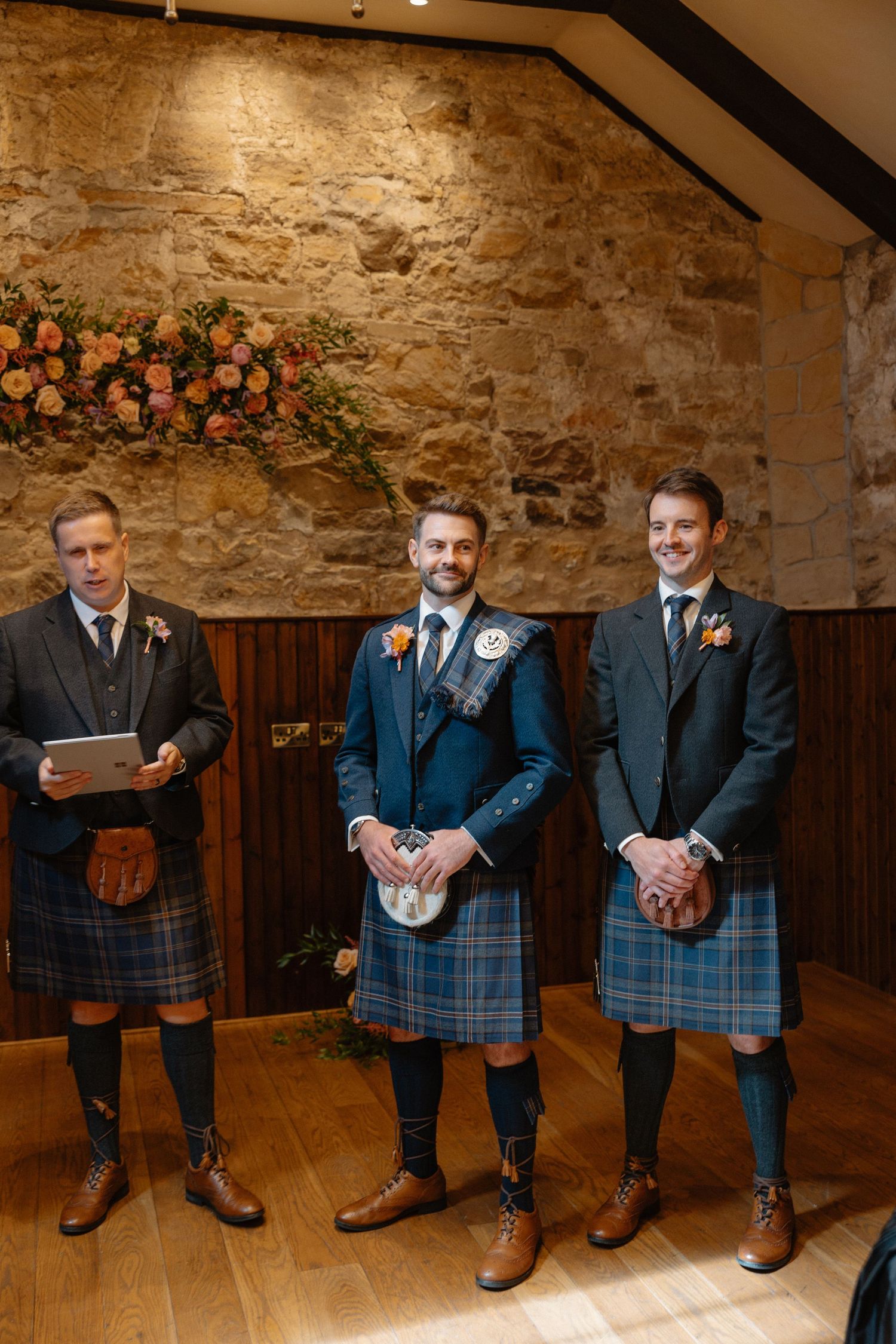 Wedding ceremony, waiting for bride at Rosebery Steading, Temple, Gorebridge, Scotland.