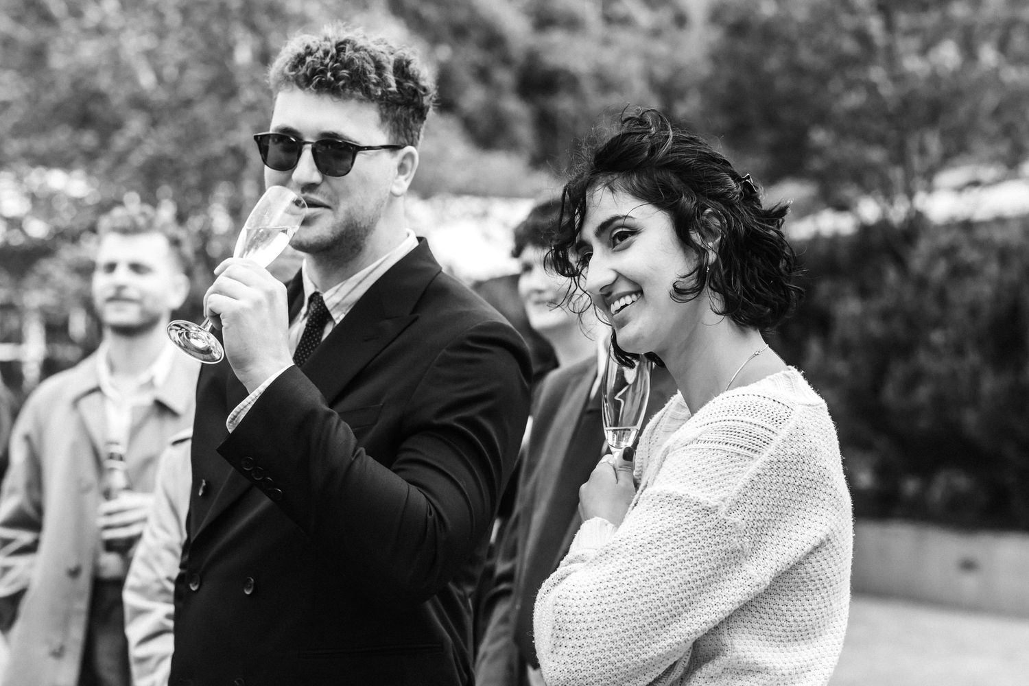 guests drinking, outdoor wedding, Glass House Edinburgh City Scotland,