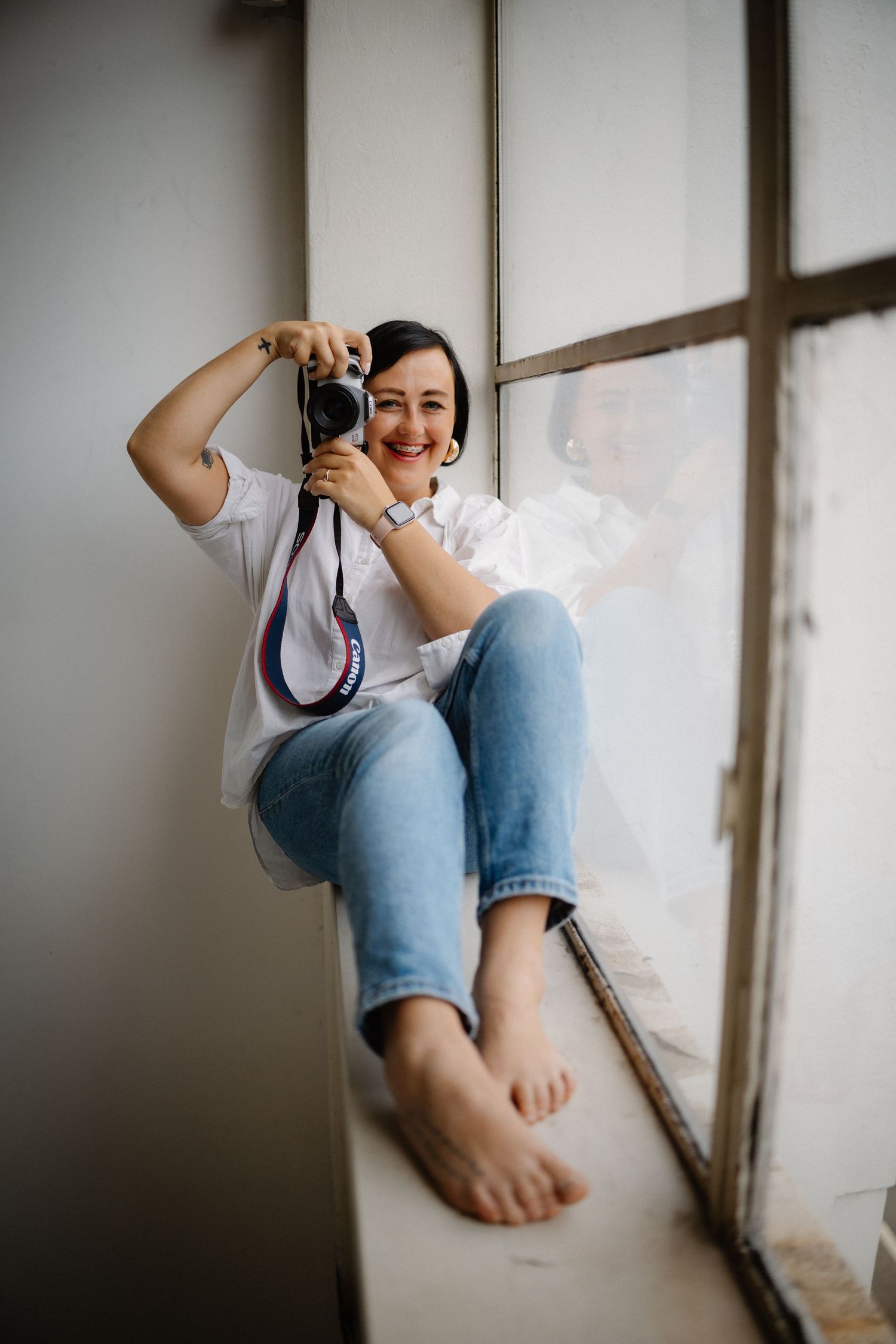 Series of casual portrait shots showing creative camera angles and poses.