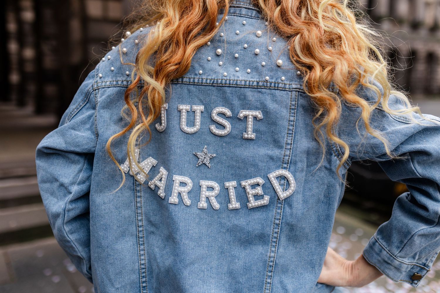 Denim jacket, JUST MARRIED on the back, blue wedding dress. Edinburgh Wedding, City Chambers Wedding in Edinburgh, Scotland