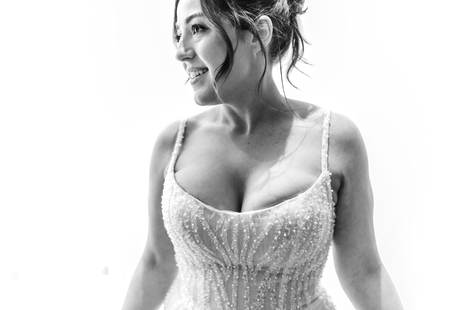 Bride black and white photo, fitting dress, Glass House Edinburgh, Scotland,