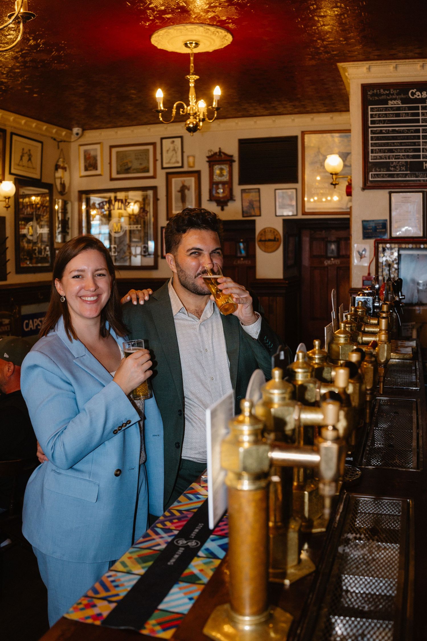 Wedding celebration over a beer in pub in Edinburgh Scotland