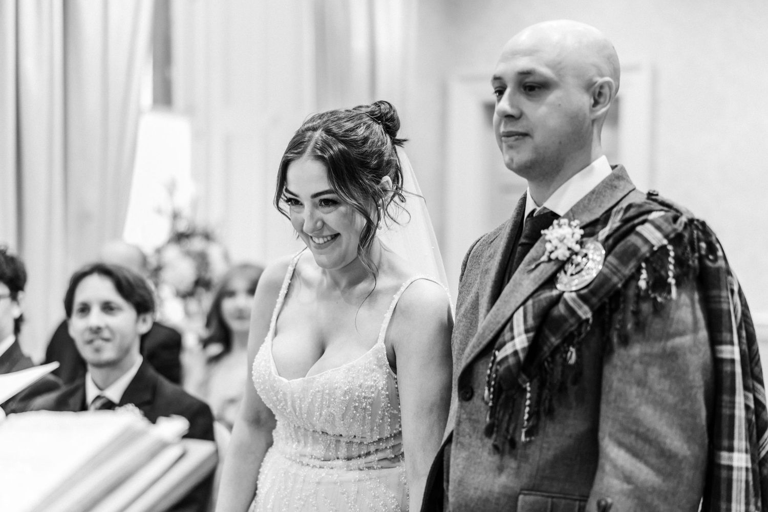 Couple getting married, City Chambers wedding in Edinburgh, Scotland, black and white