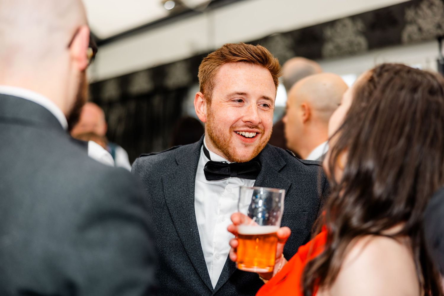 Guests talking, wedding, Glass House Edinburgh City Scotland,