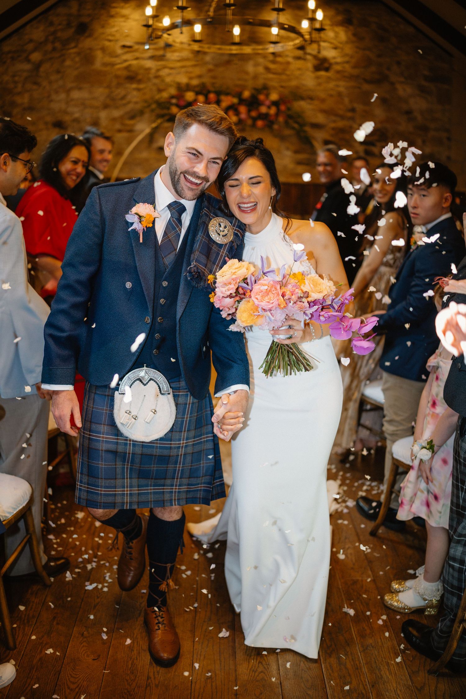 Wedding ceremony, exit, confetti, at Rosebery Steading, Temple, Gorebridge, Scotland.