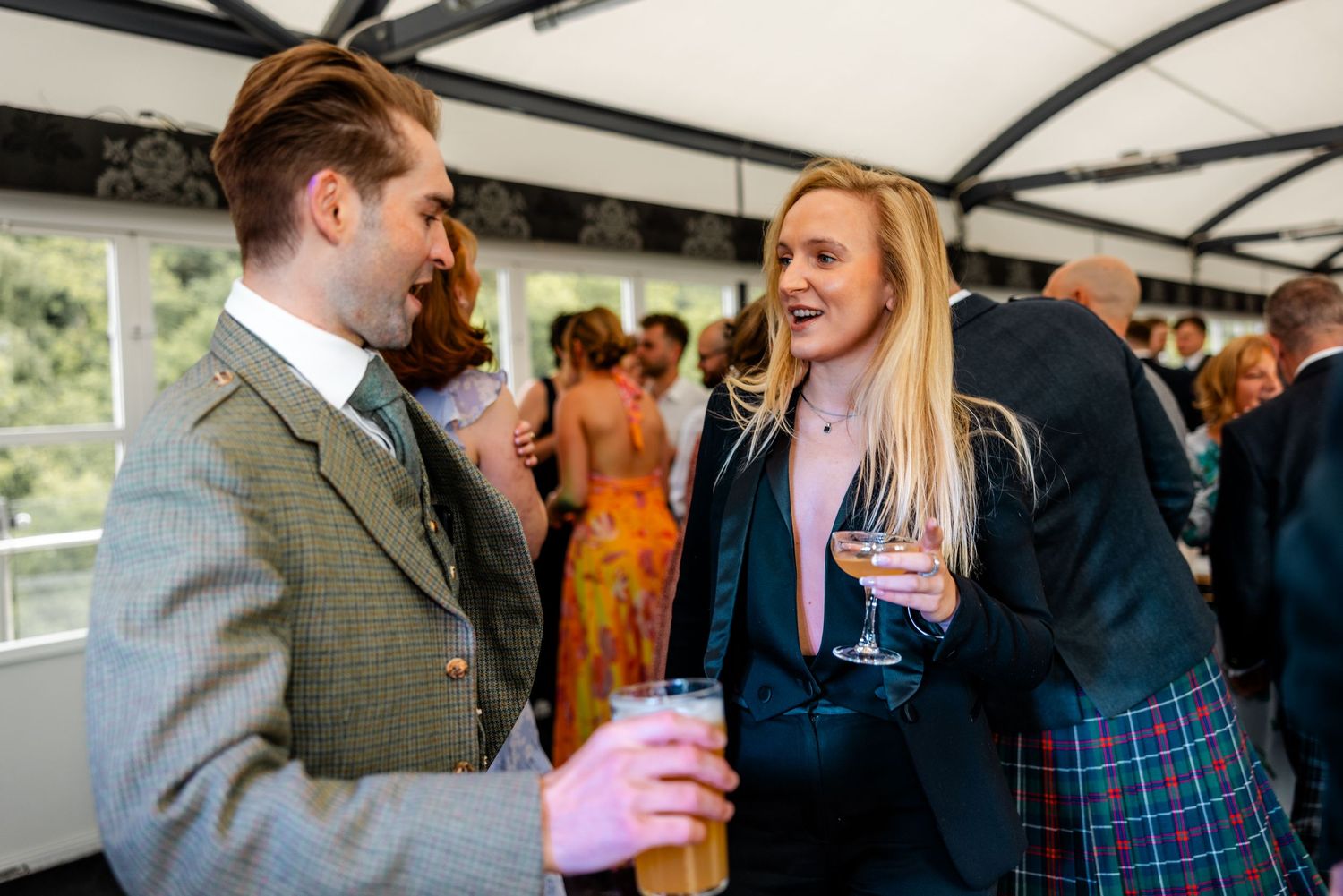 Party, guest talking, wedding, Glass House Edinburgh City Scotland,