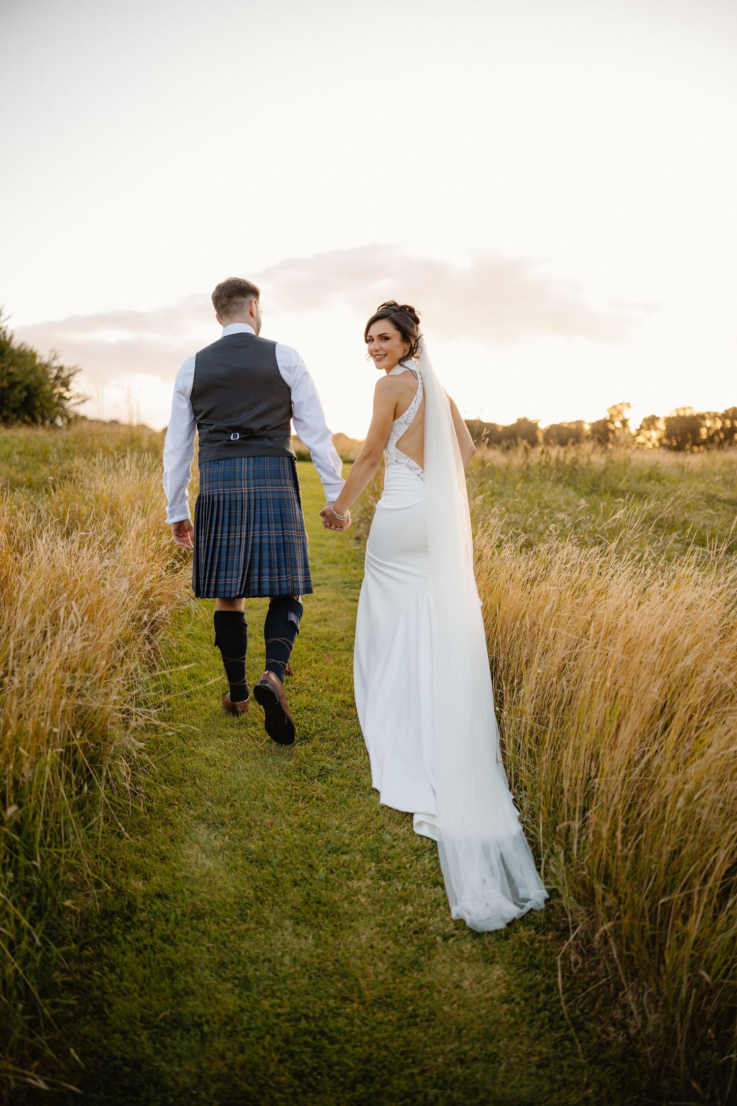 Golden Hour bride and groom photoshoot at Rosebery Steading, Temple, Gorebridge, Scotland.