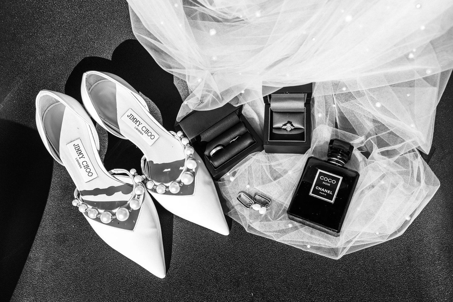 Detail shoot, invitation, vail, rings, shoes, perfumes, black and white,
 prep wedding Glass House Edinburgh, Scotland,